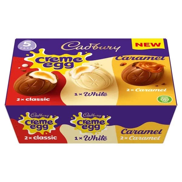 Cadbury Creme Egg Assortment Of Milk Chocolate, 2 Classic, 1 White, 2 Caramel 200g (UK)