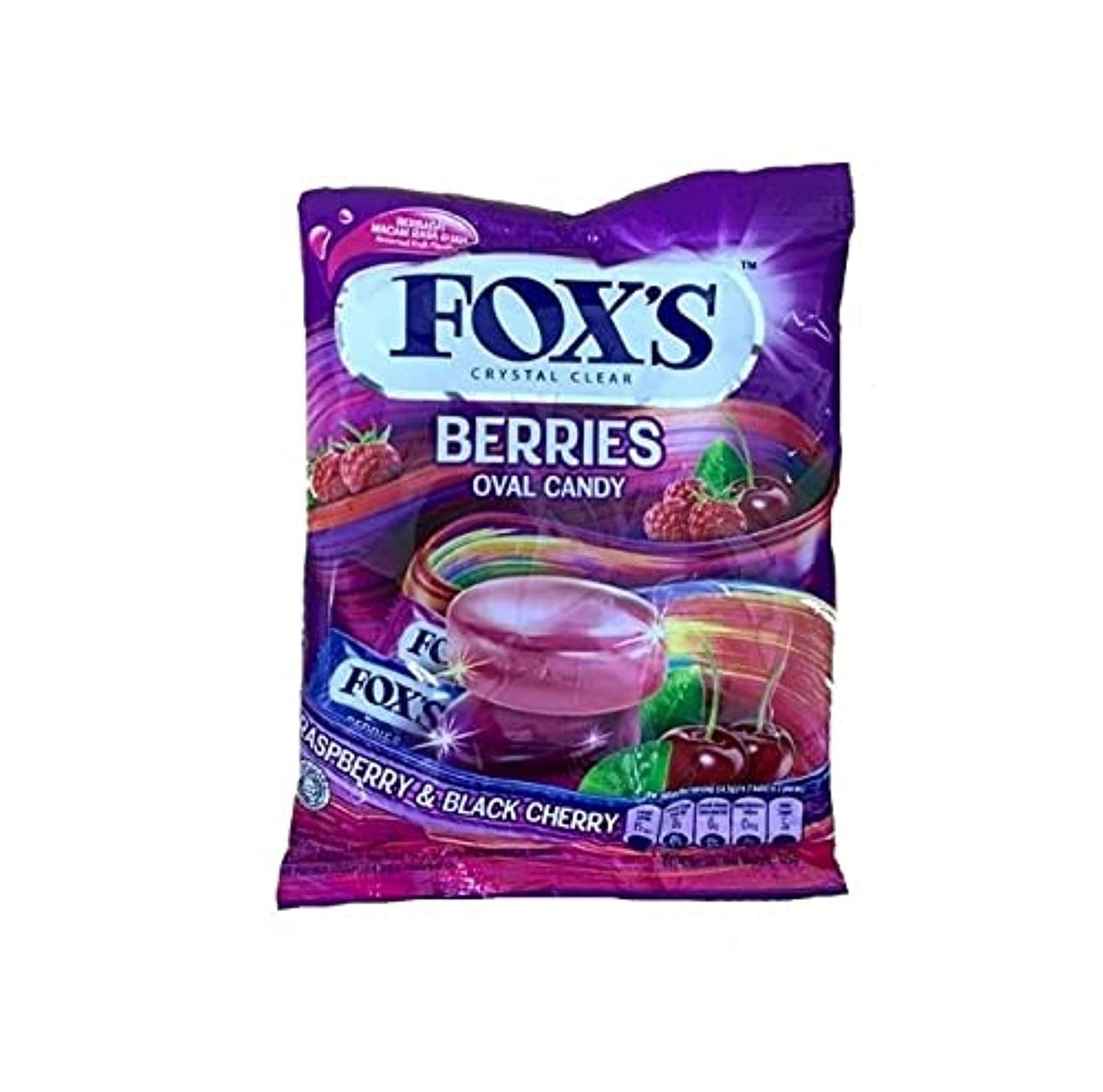 Fox's Berries Oval Hard Candy Raspberry & Black Cherry Flavor Packet, 125g, Purple & Red & White