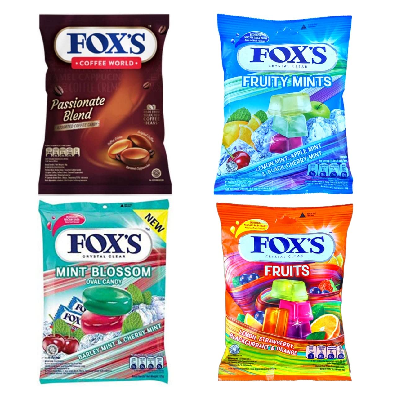 Fox's Crystal Clear Candy- Mint Blossom Candy, Coffee Candy, Fruits Candy and Fruity Mints Candy 125Gms Each- Combo Pack of 4