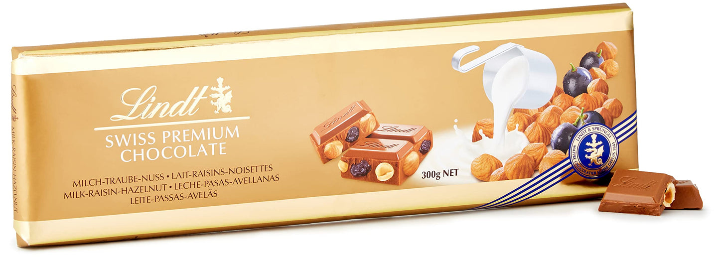 Lindt Swiss Premium Gold Milk Chocolate with Hazelnuts and Raisins Bar, 300 g
