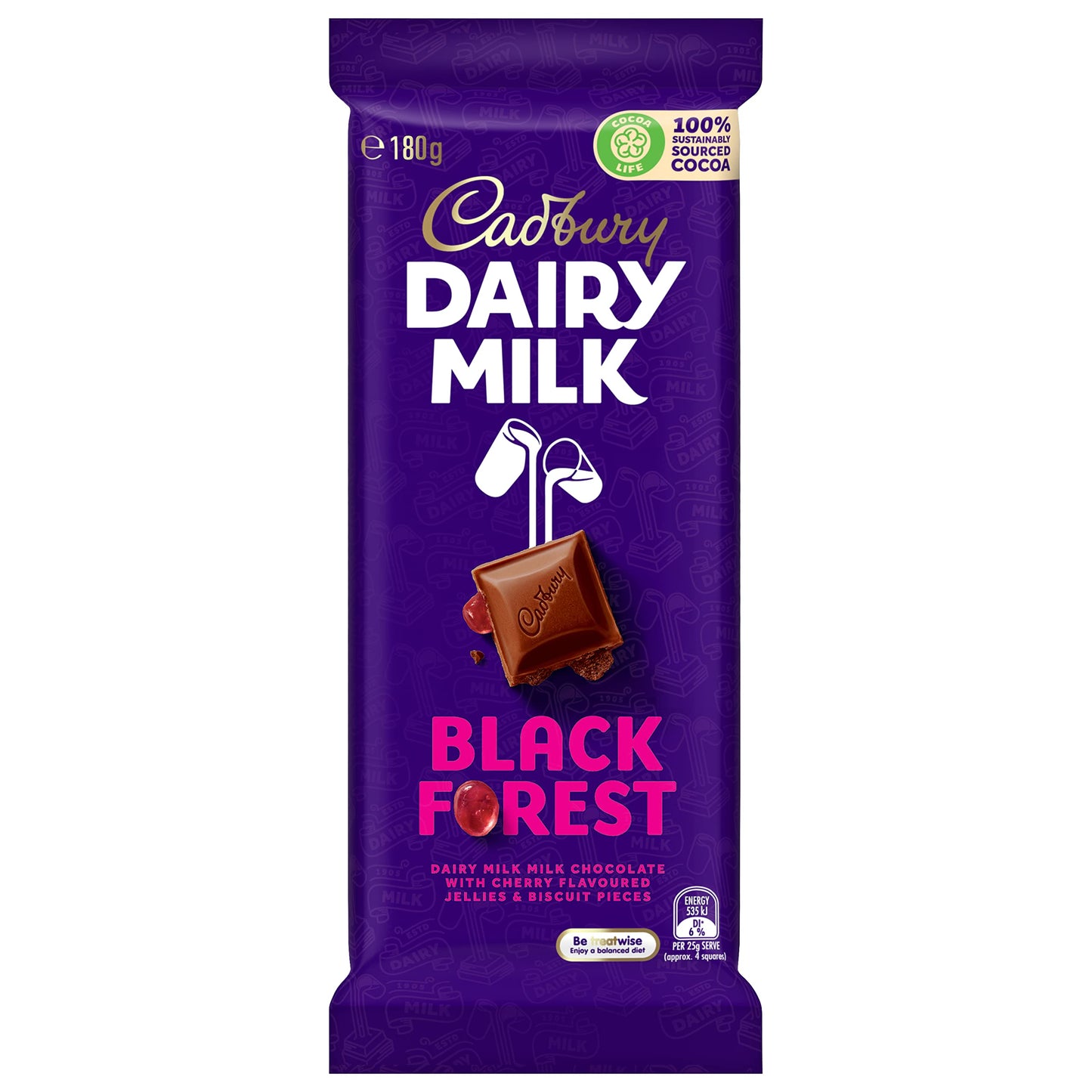 Cadbury Dairy Milk Black Forest with Cherry Flavoured Jellies and Biscuit Pieces (Australian Imported) ,180g