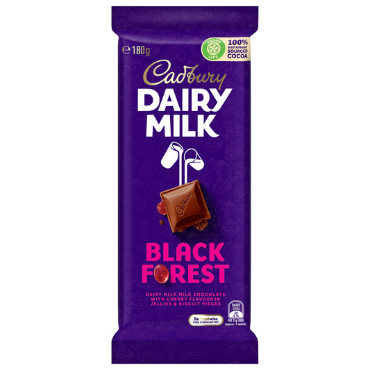 Cadbury Dairy Milk Black Forest with Cherry Flavoured Jellies and Biscuit Pieces (Australian Imported) ,180g