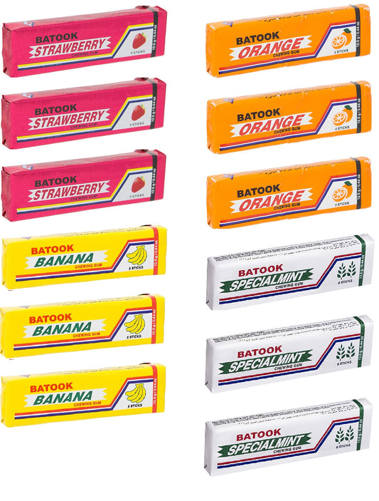 Batook Chewing Gum Variety Pack 3, Banana, 3 Strawberry, 3 Mint, 3 Orange, Each Strip Contain 12.5g Pack Of 12 (Imported)