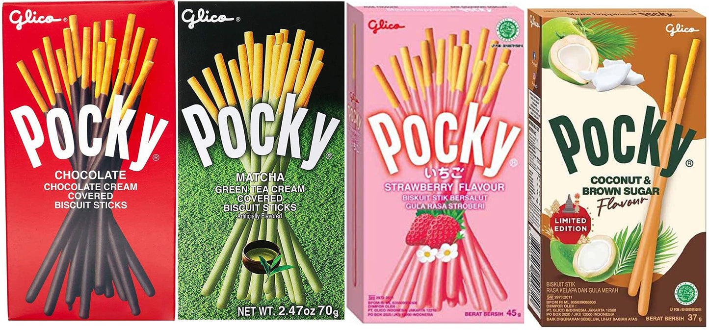 Pocky Matcha Green Tea ,Coconut & Brown Sugar, Strawberry, Chocolate Covered Biscuit Sticks , 47g Each