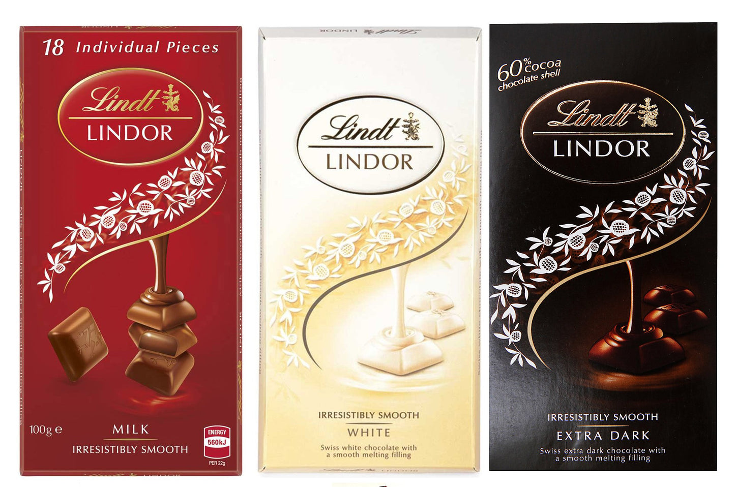 Lindt Lindor Combo of 3 Irresistibly Smooth Chocolates (White + Milk + Extra Dark), 100gm