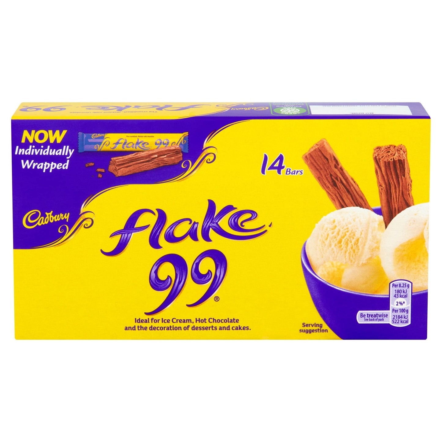 Cadbury Flake 99 Now Individually Wrapped 14 Bar Ideal For Ice Cream, Hot Chocolate, & Decoration Of Desserts & Cakes 114g (UK)