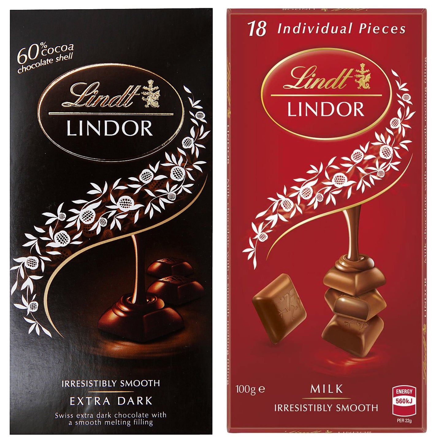 Lindt Lindor Combo of 2 Irresistibly Smooth Chocolates (Milk + Extra Dark), 100gm