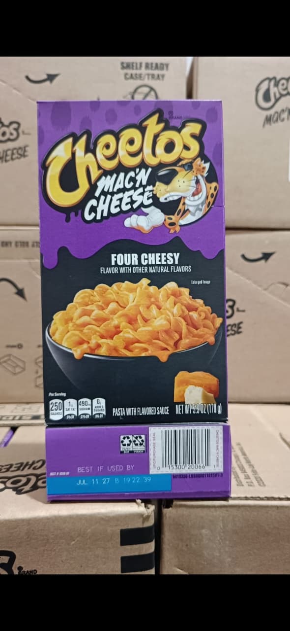 Cheetos Mac 'N Cheese Four Cheesy Flavor 5.9oz box with purple packaging and bowl of macaroni