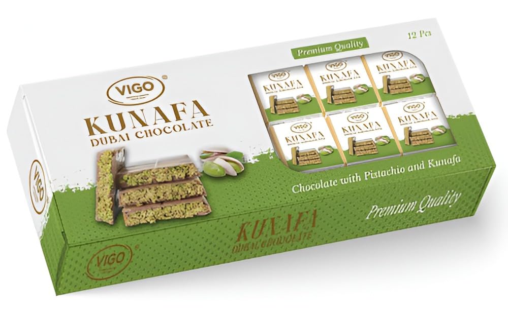Vigo Kunafa Dubai Chocolate with Pistachio, Middle Eastern Dessert, 12 Pieces, Each 18gm