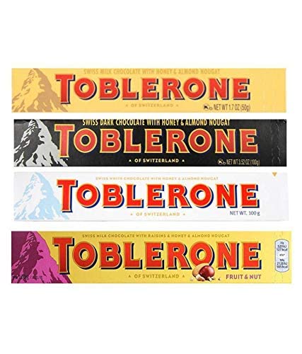 Toblerone of Switzerland Combo Pack Chocolate Bars (Swiss Milk, Swiss Dark, Swiss White, Swiss Milk Fruit & Nut),Pack of 4 (100g Each)