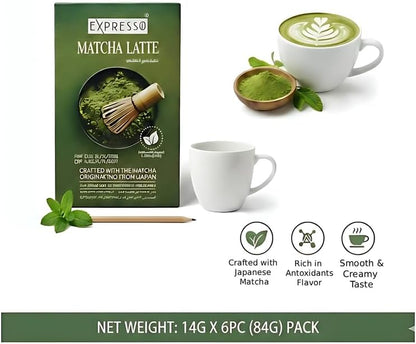 Expresso Matcha Latte Powder – 14g × 6 Sachets (84g) | Premium Japanese Matcha Green Tea | Antioxidant-Rich Energy Boost | Perfect for Lattes & Tea