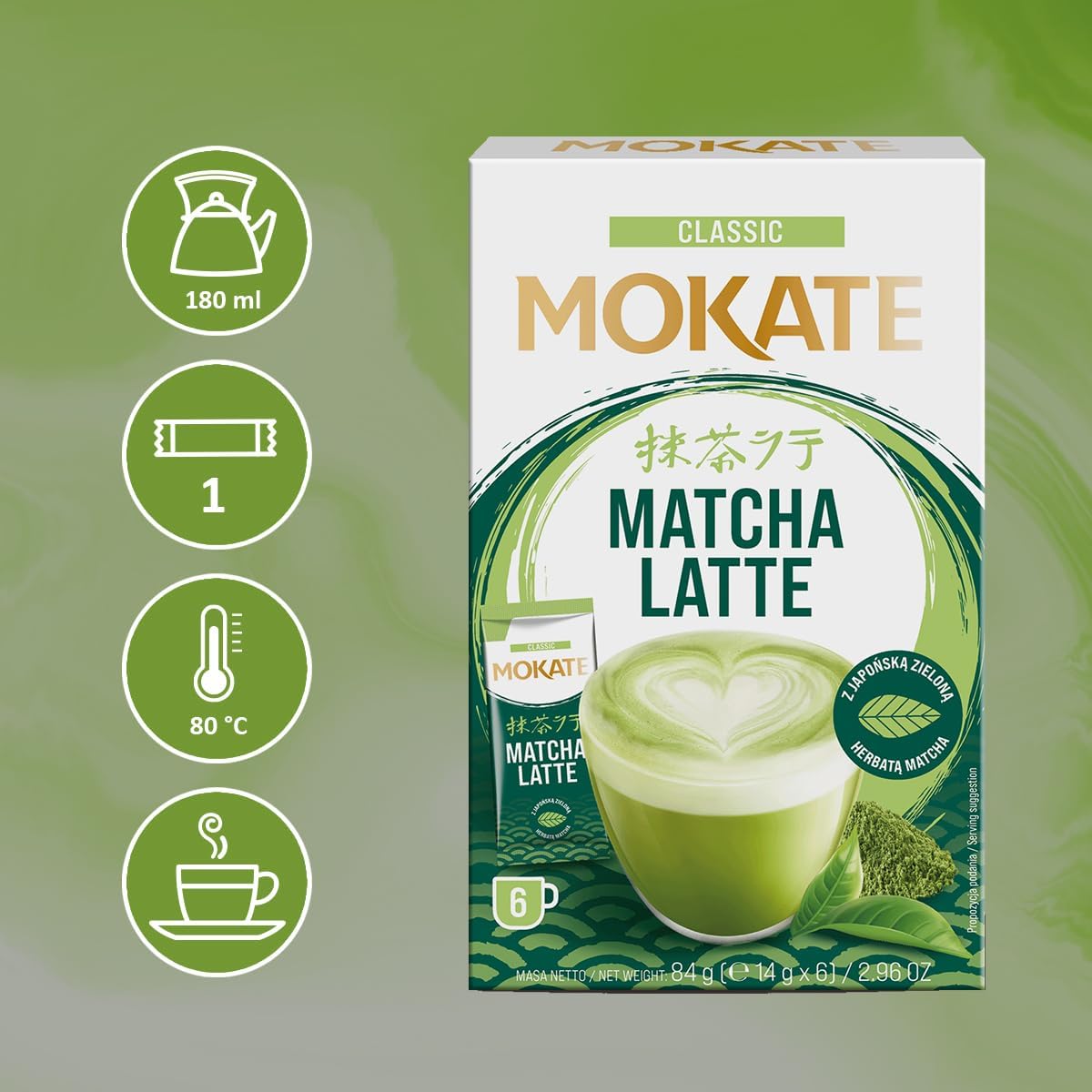 Mokate Matcha Latte Instant Coffee | Premium Japanese Matcha Powder with Creamy Latte Texture | Easy 6-Serve Pack | Rich Aroma, Smooth Taste & Ready in Minutes | Perfect for Home, Office, Travel & Matcha Lovers (Imported-UK)