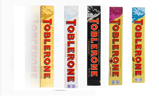 Toblerone Combo Pack of 5 (1,Milk , 1, White , 1, Dark , 1, Crunchy Almond , 1, Fruit & Nut) Chocolate Bar Each 100g
