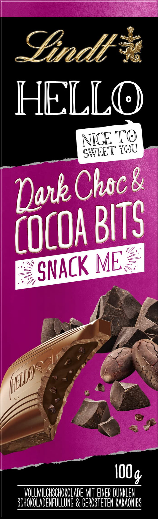 Lindt Hello Dark Choc & Cocoa Bits Snack Me 100g
