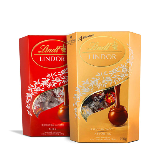 LINDT Lindor Milk Chocolate Box and LINDT Lindor Assorted Chocolate Box |Box of 2 | Perfect to Share | Chocolate Balls with a Smooth Melting Filling | Approx. 16 Balls Each | 200 gm