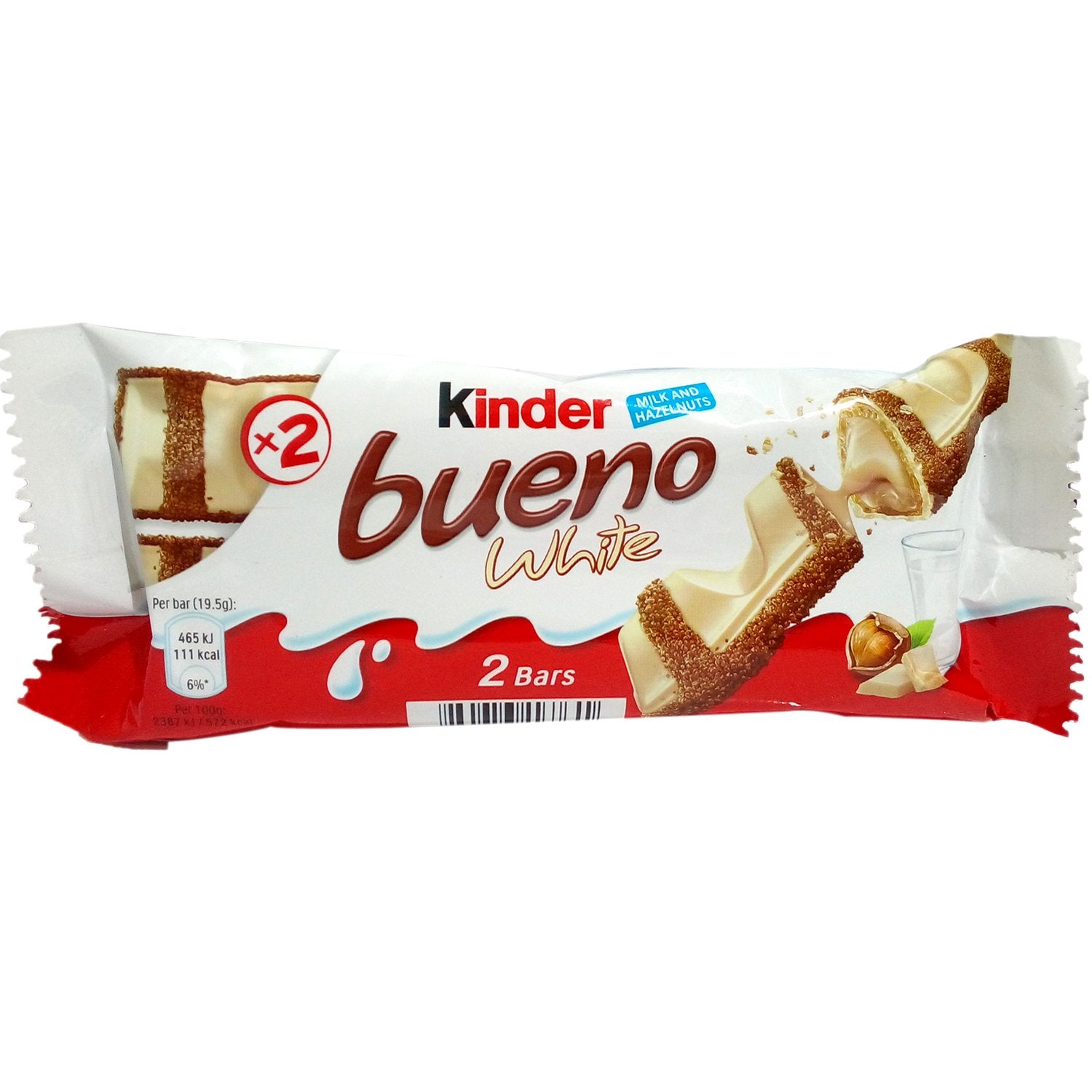 Kinder Bueno White Chocolate Bar - Milk and Hazelnuts, 39g Pack