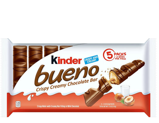 Kinder Bueno Milk Chocolate and Hazelnut Cream Candy Bar, Perfect Valentines Day Gift, 5 Packs, 2 Individually Wrapped 215g