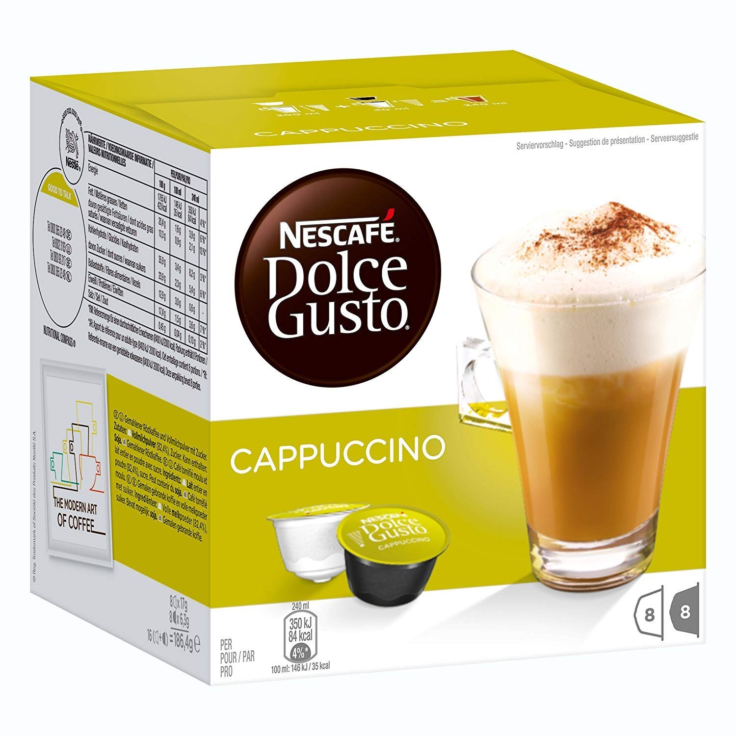 Nescafe Dolce Gusto Cappuccino Round & Silky Roast & Ground Coffee 16 Capsule, 186.4g ((8 Creamer + 8 Coffee))