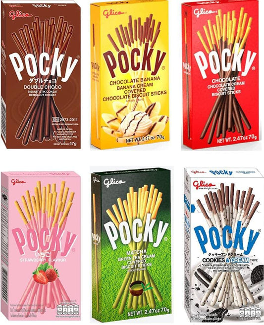 Pocky Stick Variety Pack 6 New Flavour, Double Chocolate, Chocolate Banana, Chocolate Cream, Strawberry, Matcha, Cookies & Cream 70g Each Pack Of 6