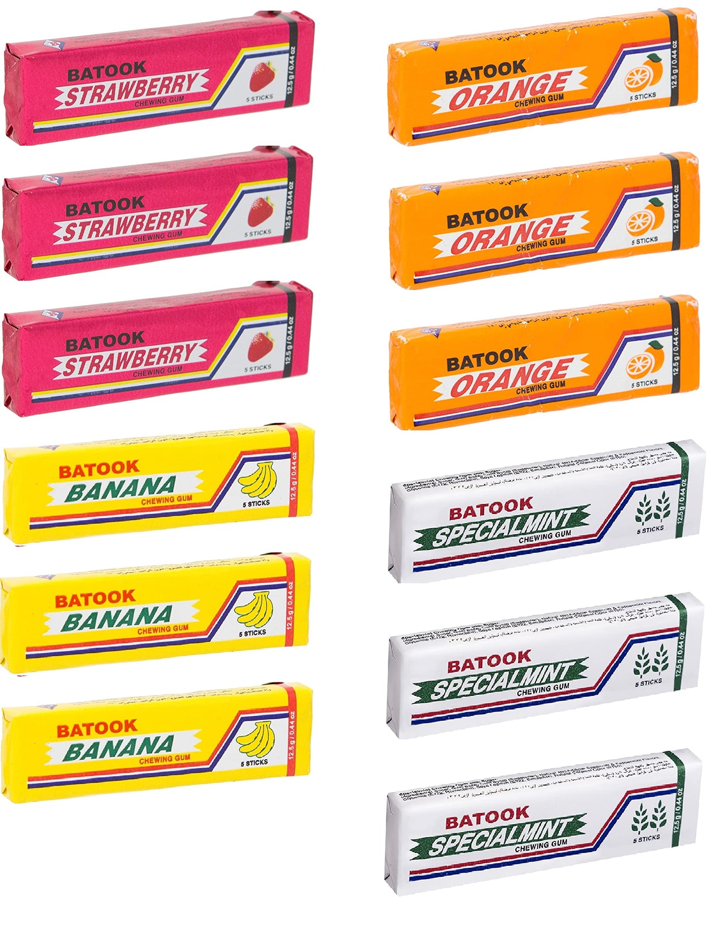 Batook Chewing Gum Variety Pack 3, Banana, 3 Strawberry, 3 Mint, 3 Orange, Each Strip Contain 12.5g Pack Of 12 (Imported)