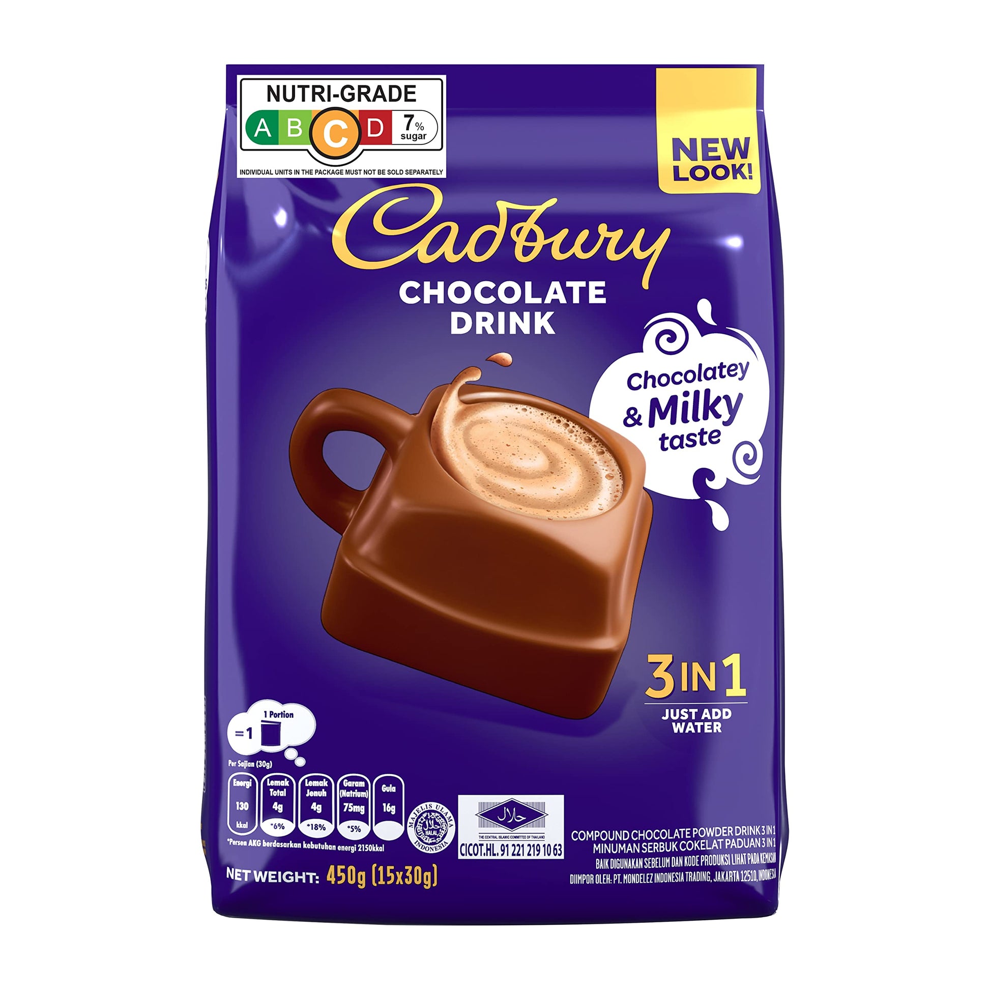 Cadbury 3 in 1 Hot Chocolate Drink Powder, 15 x 30gms